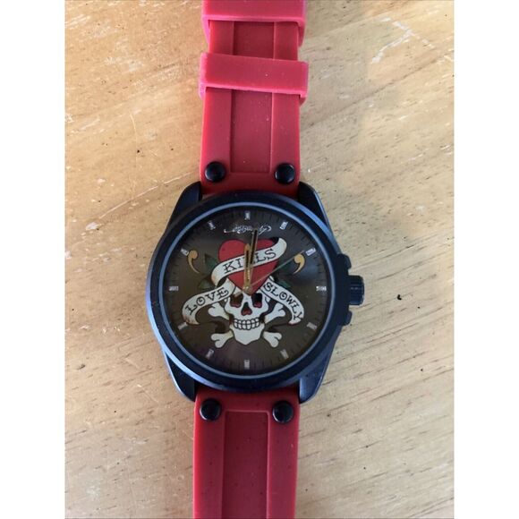 Ed Hardy Men's Red Black Silicone Strap‎ Watch 46mm Love Kills Slowly Working - Picture 1 of 6
